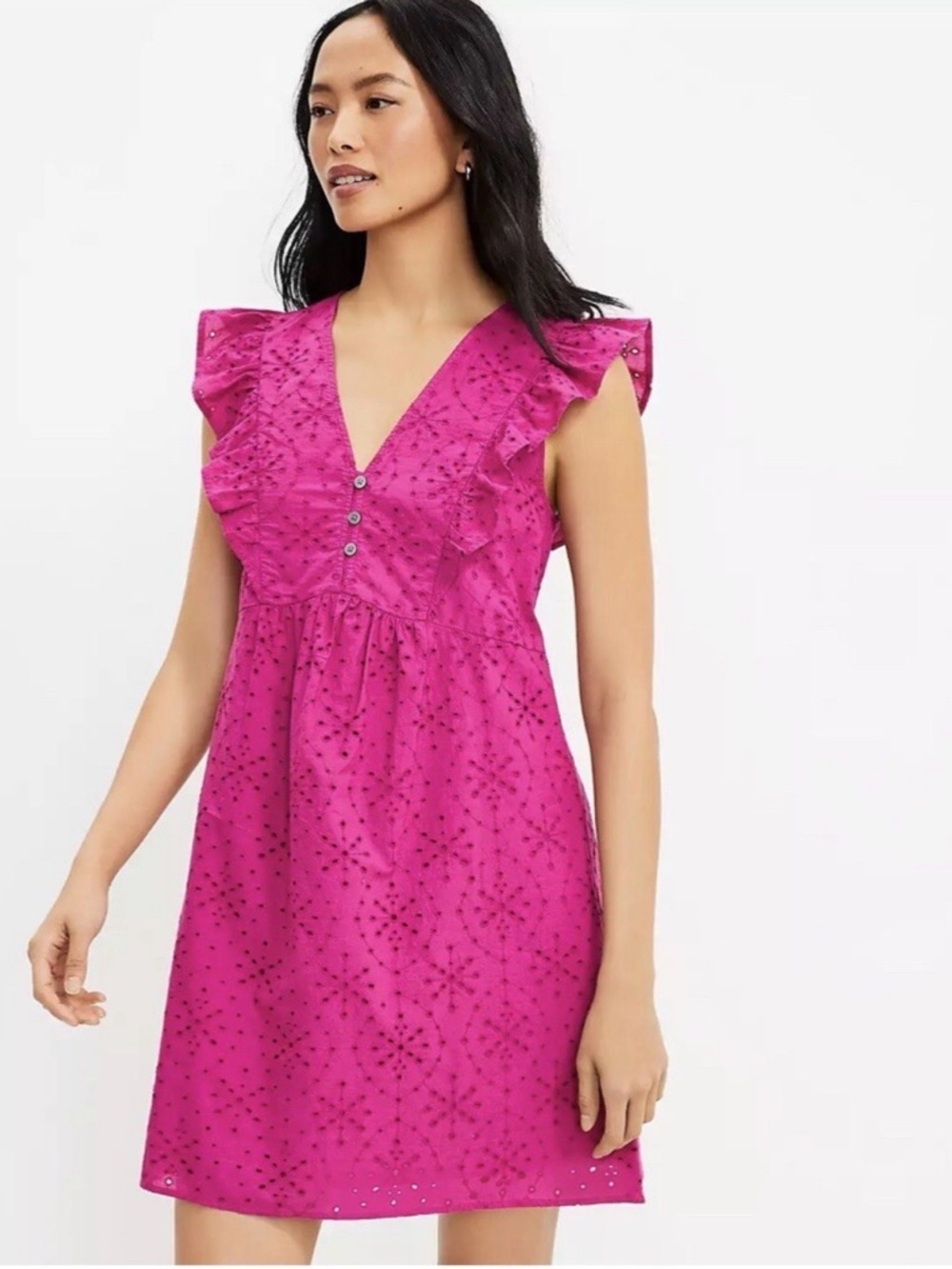 LOFT Magenta Pink Eyelet Ruffle V-Neck Mini Dress Sz M